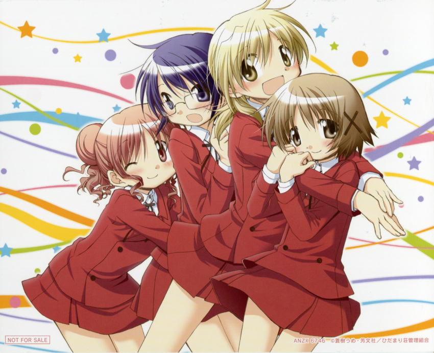 4girls :d ;) absurdres aoki_ume blonde_hair blue_eyes blush brown_eyes brown_hair double_bun glasses hair_bun hair_ornament hidamari_sketch highres hiro_(hidamari_sketch) long_sleeves looking_at_viewer miyako_(hidamari_sketch) multiple_girls official_art one_eye_closed open_mouth pink_hair red_eyes sae_(hidamari_sketch) scan school_uniform short_hair skirt smile yellow_eyes yuno_(hidamari_sketch)