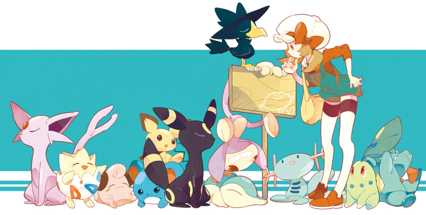 aipom bow brown_hair cabbie_hat chikorita cleffa commentary_request cyndaquil espeon female forked_tail hagiko hat hat_ribbon low_twintails lyra_(pokemon) marill murkrow overalls photoshop_(medium) pichu pokemon pokemon_(creature) pokemon_hgss ribbon starter_pokemon_trio tail thighhighs togepi totodile twintails umbreon white_legwear wooper