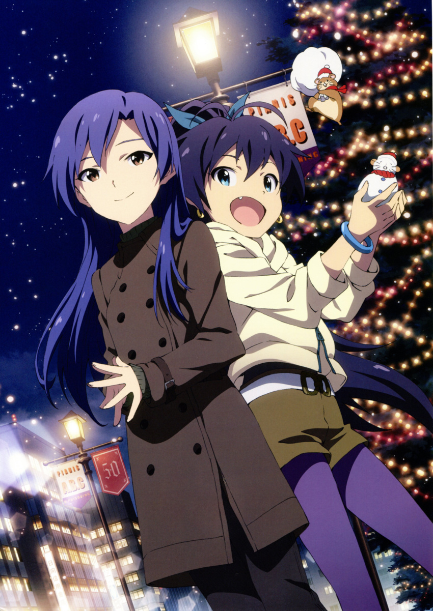 2girls :d absurdres animal antenna_hair belt blue_hair bracelet brown_eyes christmas_tree coat fashion ganaha_hibiki green_eyes hamster hamuzou highres hood hoodie idolmaster idolmaster_(classic) imageboard_desourced jewelry kawakami_tetsuya kisaragi_chihaya lamppost long_hair looking_at_viewer multiple_girls night night_sky non-web_source oerba_yun_fang official_art open_mouth pantyhose pantyhose_under_shorts ponytail purple_legwear sack shorts sky smile snow star_(sky) starry_sky steepled_fingers very_long_hair winter