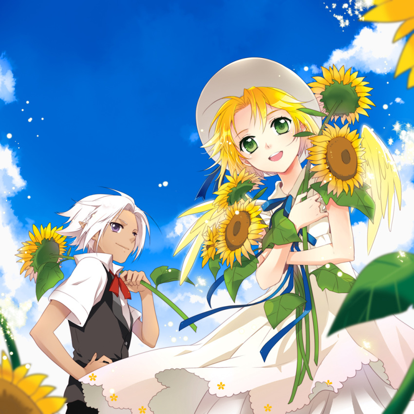 1boy :d blonde_hair commentary_request dress eien_no_shounen female flower green_eyes hand_on_own_hip hat hat_ribbon long_hair lost-ko lost_(sound_horizon) mca_(dessert_candy) open_mouth photoshop_(medium) purple_eyes ribbon smile sound_horizon sun_hat sundress sunflower white_hair