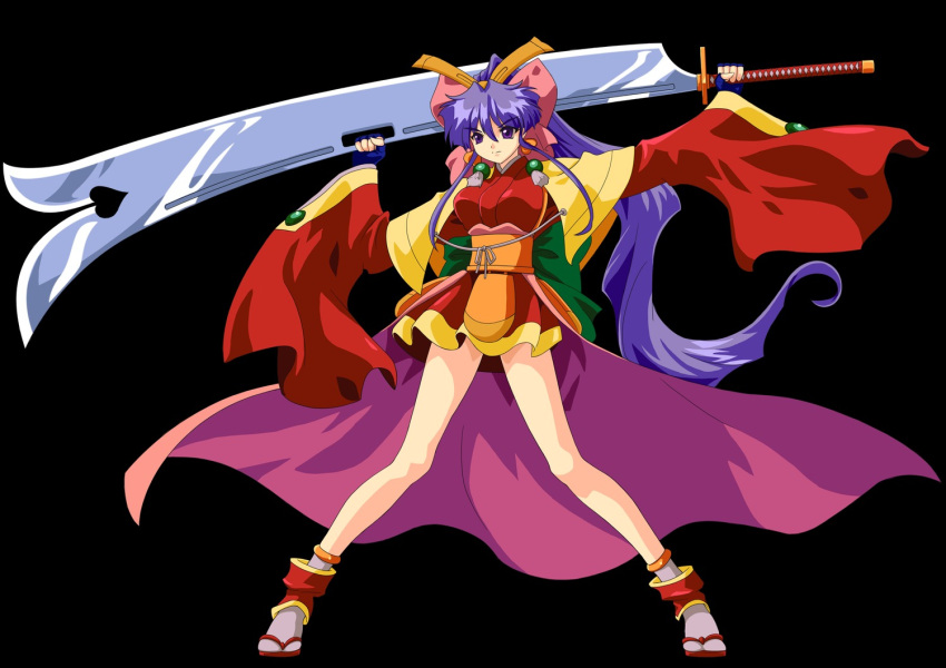 artist_request bare_legs black_background bow dancing_blade full_body gloves hairbow huge_bow japanese_clothes kimono long_hair momohime_(dancing_blade) pink_bow purple_eyes purple_hair sandals skirt socks solo sword weapon yukata