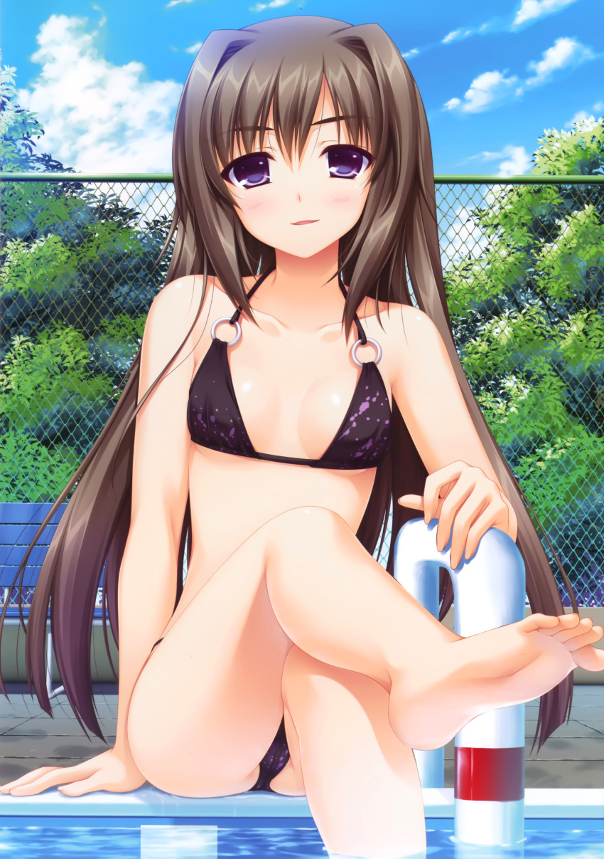 absurdres alpha_(yukai_na_nakamatachi) arm_support barefoot bench bikini blush breasts brown_hair chain-link_fence cleavage cloud crossed_legs day feet female fence foot_focus hair_intakes halterneck highres higuchi_ririko long_hair looking_at_viewer o-ring o-ring_top outdoors parted_lips photoshop_(medium) pool pool_ladder poolside purple_eyes scan sharin_no_kuni_himawari_no_shoujo sitting sky small_breasts soles solo swimsuit toes tree water