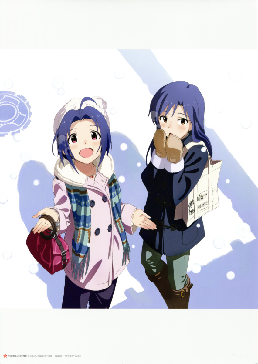 2girls absurdres bag black_jacket blue_hair brown_mittens dark_blue_hair handbag highres idolmaster idolmaster_(classic) jacket kisaragi_chihaya long_hair looking_up matsuo_yuusuke mittens miura_azusa multiple_girls official_art pink_jacket scarf short_hair shoulder_bag snow