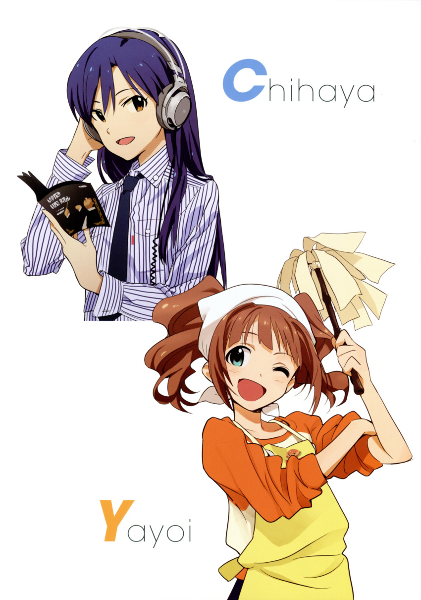 2girls absurdres apron blue_eyes blue_hair brown_eyes happy headphones highres idolmaster idolmaster_(classic) kisaragi_chihaya long_hair matsuo_yuusuke multiple_girls necktie nishigori_atsushi official_art one_eye_closed photoshop_(medium) scan short_hair takatsuki_yayoi twintails