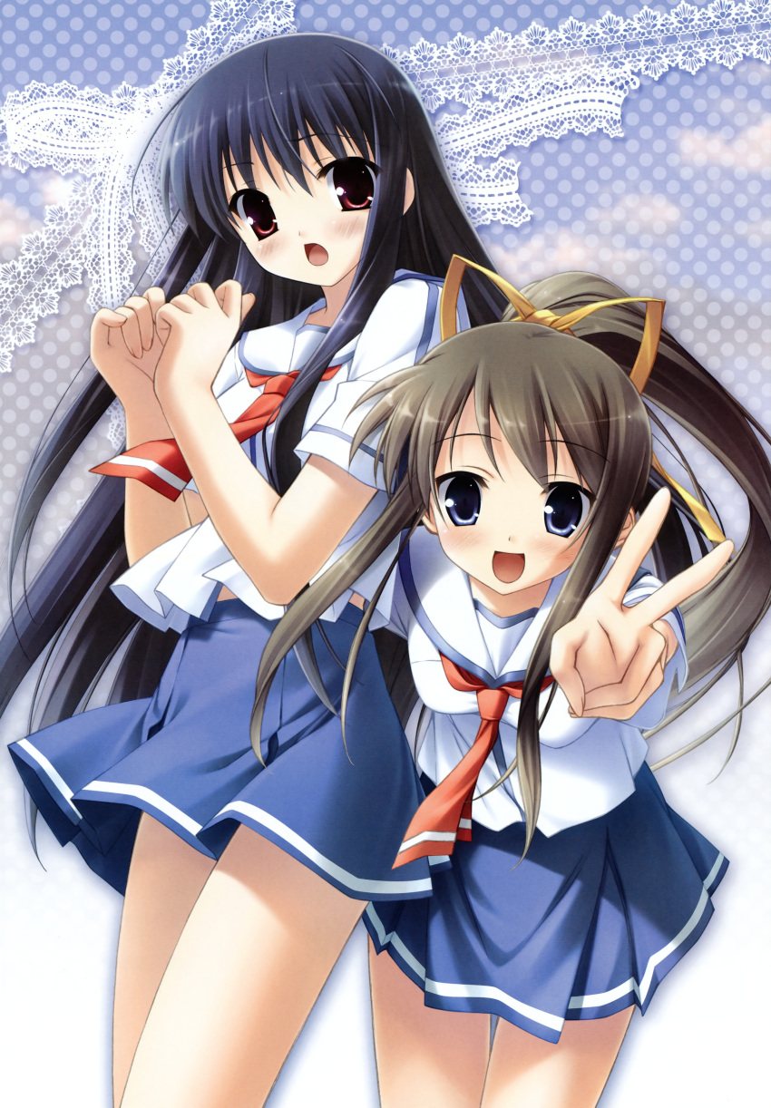 2girls :d absurdres black_hair blue_eyes brown_eyes hair_ribbon highres kanekiyo_miwa kantoku long_hair miyazawa_midori multiple_girls natsu_no_ame necktie open_mouth ponytail red_eyes ribbon school_uniform segawa_rikako serafuku skirt smile v