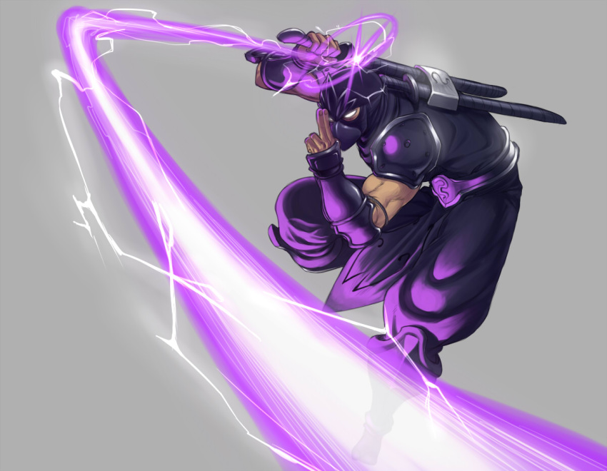 1boy armor bad_id bad_pixiv_id belt electricity gauntlets glowing glowing_eyes grey_background league_of_legends male_focus mask muscular ninja no_pupils pauldrons shen_(league_of_legends) shoulder_armor solo spacezin sword weapon