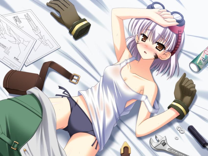 black_panties blueprint_(object) blush brown_eyes clothes_pull commentary_request female gloves god_eater god_eater_burst goggles goggles_on_head grey_hair highres kusunoki_rikka lying no_bra on_back panties pants pants_pull photoshop_(medium) short_hair skywaker solo strap_slip tank_top underwear