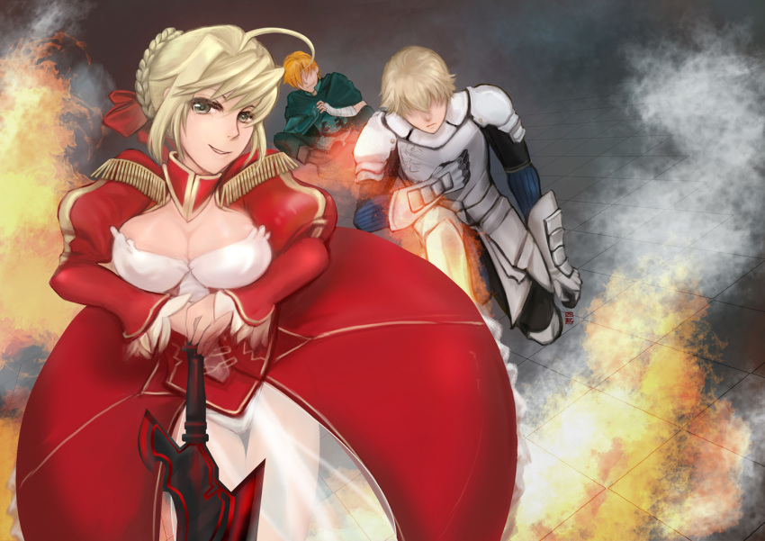 2boys 4cccc aestus_estus ahoge armor blonde_hair breasts cape cleavage commentary_request dress epaulettes fate/extra fate_(series) female gawain_(fate) green_eyes hair_over_eyes hair_ribbon multiple_boys nero_claudius_(fate) nero_claudius_(fate/extra) orange_hair ribbon robin_hood_(fate) sword weapon