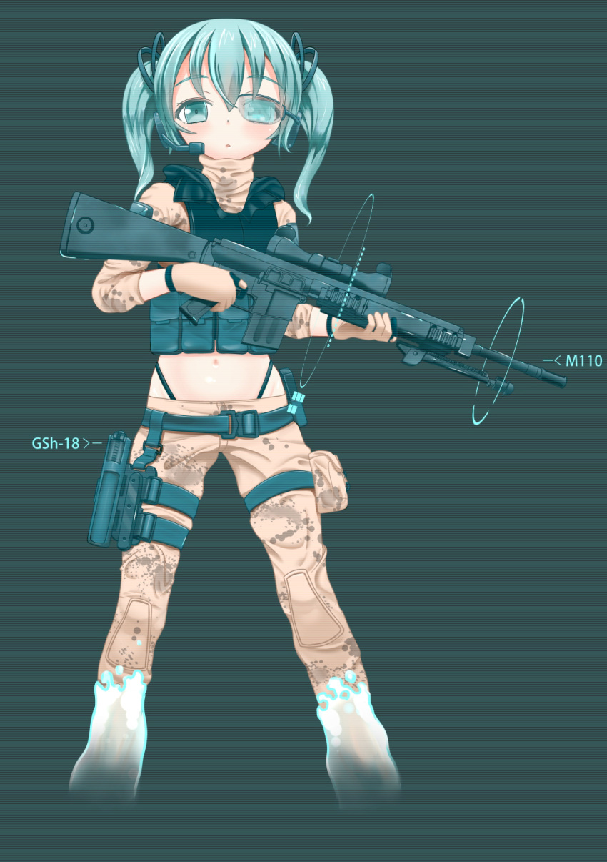 aqua_eyes aqua_hair bad_id bad_pixiv_id bipod female ghost_recon ghost_recon:_future_soldier gloves gsh-18 gun handgun hatsune_miku headset highleg highleg_panties highres holster jixing_renou m110_sass midriff navel panties photoshop_(medium) rifle scope shiny_skin sniper_rifle solo thigh_holster twintails underwear vocaloid weapon