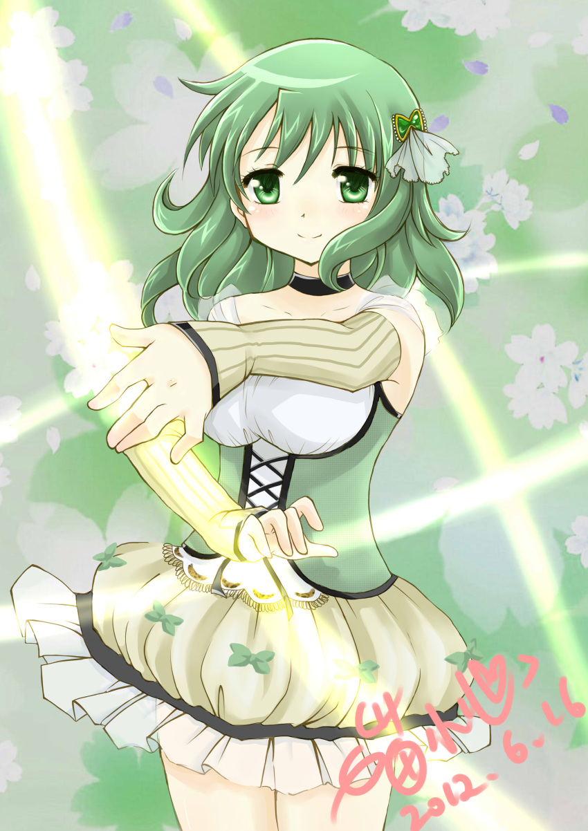 absurdres alternate_universe artist_name bubble_skirt commentary_request dated detached_sleeves dress female green_eyes green_hair green_theme hair_ornament heiyanlong highres magical_girl mahou_shoujo_madoka_magica mahou_shoujo_madoka_magica_(anime) shizuki_hitomi signature skirt smile solo