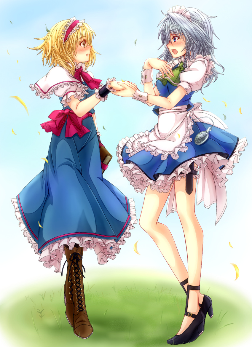 2girls alice_margatroid ascot blonde_hair blush book boots capelet commentary_request cross-laced_footwear grey_hair highres holding_hands izayoi_sakuya knee_boots lace-up_boots legs maid maid_headdress mickey_dunn multiple_girls open_mouth pantyhose petals pocket_watch short_hair touhou watch wrist_cuffs yuri