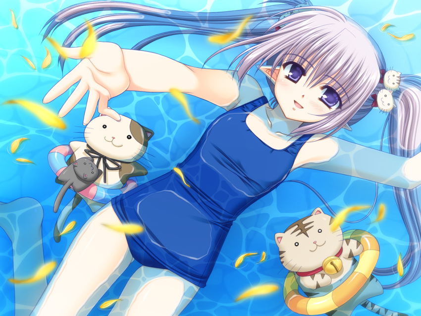 :3 animal blush feline long_hair nishimata_aoi petals primula purple_eyes ribbons school_swimsuit shuffle swimsuit tube twintails water white_hair