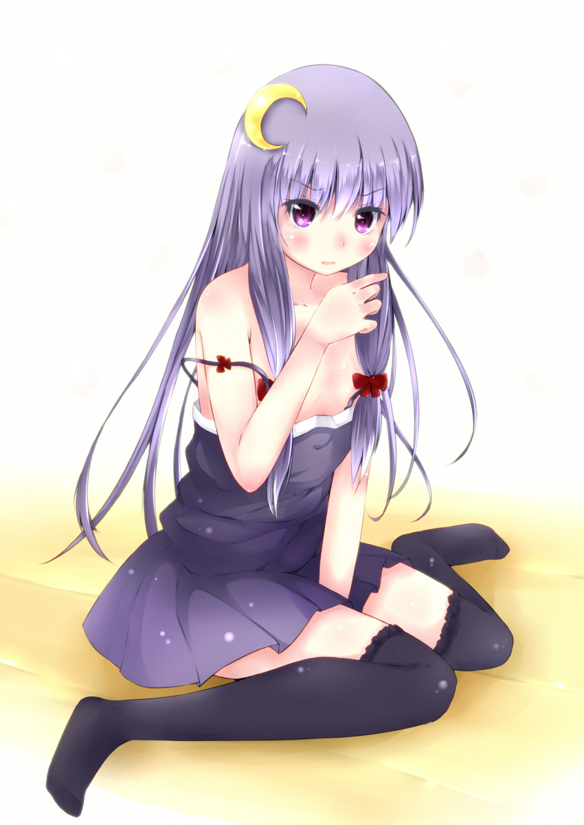 alternate_costume amatsuki_hotaru black_thighhighs blush commentary_request crescent crescent_hair_ornament dress female hair_ornament highres long_hair looking_at_viewer no_headwear over-kneehighs patchouli_knowledge purple_eyes purple_hair sitting solo strap_slip thighhighs touhou wariza