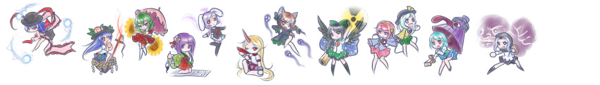 6+girls animal_ears arm_cannon ascot black_eyes black_hair black_thighhighs black_wings blonde_hair blue_eyes blue_hair braid cape cat_ears clenched_hands closed_eyes commentary_request cuffs electricity flower food fruit green_hair hair_ornament hairband hat hat_ribbon heart heterochromia hieda_no_akyuu highres hinanawi_tenshi hood horns hoshiguma_yuugi japanese_clothes jewelry joey_(lilinjunyi) kaenbyou_rin karakasa_obake kazami_yuuka keystone kneeling komeiji_koishi komeiji_satori kumoi_ichirin leaf long_hair long_sleeves multiple_girls nagae_iku necktie one_eye_closed open_mouth peach pink_eyes pink_hair puffy_sleeves purple_eyes purple_hair rabbit_ears radiation_symbol red_eyes red_hair reisen_(touhou_bougetsushou) reiuji_utsuho ribbon ring rock rope scarlet_weather_rhapsody shackles shawl short_hair short_sleeves single_horn sitting subterranean_animism sword sword_of_hisou tatara_kogasa thighhighs third_eye tongue touhou twin_braids umbrella unzan weapon wide_image wide_sleeves wings