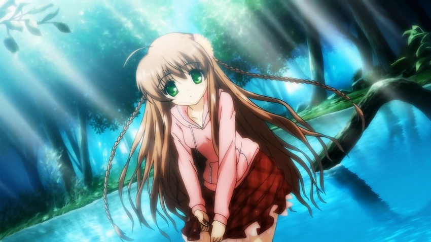 brown_hair dress flowers forest green_eyes kanbe_kotori key long_hair rewrite water wet