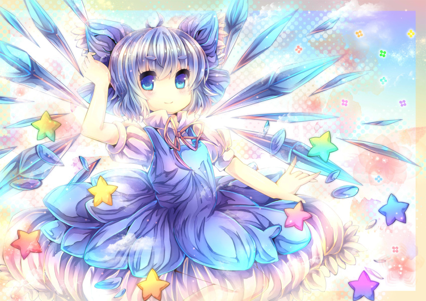 arm_up blue_dress blue_eyes blue_hair cirno coa_(chroo_x) commentary_request dress female ice ice_wings photoshop_(medium) short_hair smile solo star_(symbol) touhou wings