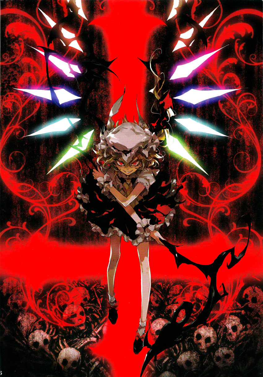 absurdres ascot blonde_hair bone bonnet cropped cross crystal evil_grin evil_smile female flandre_scarlet glowing glowing_crystal grin highres holding holding_weapon inverted_cross laevatein_(touhou) long_hair looking_at_viewer minakata_sunao multicolored_wings photoshop_(medium) red_eyes red_skirt red_theme scan scanlines side_ponytail skirt skull smile solo touhou weapon wings yellow_ascot