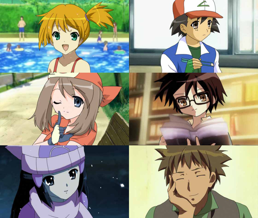 3boys 3girls black_hair blue_hair book brown_hair chopsticks closed_eyes crossover dawn_(pokemon) glasses haruka_(pokemon) kasumi_(pokemon) long_hair multiple_boys multiple_girls orange_hair parody pokemon reading satoshi_(pokemon) short_hair style_parody suzumiya_haruhi_no_yuuutsu takeshi_(pokemon) wink