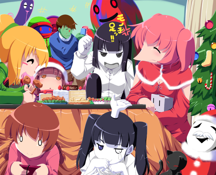 1boy 6+girls anger_vein angry black_cat black_eyes black_hair blonde_hair blue_eyes brown_hair cake christmas christmas_tree closed_eyes commentary_request eating extra_arms feline food happy kotatsu kyukkyu-kun long_hair madotsuki mafurako monoe monoko multiple_girls open_mouth pink_hair pink_shirt poniko ponytail rapama santa_costume shirt shitaisan short_hair smile table tokuto-kun toriningen translated tree twintails uboa yume_nikki