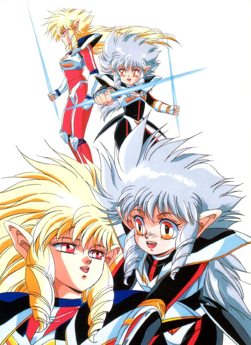 1980s_(style) 4girls armor blonde_hair bodysuit drill_hair drill_sidelocks dual_wielding energy_sword highres hirano_toshihiro holding iczer-1 iczer-3 iczer_(series) iczer_densetsu long_hair multiple_girls official_art orange_eyes pointy_ears red_eyes retro_artstyle scan siblings sidelocks sisters smile sword tatakae!!_iczer-1 weapon white_background white_hair