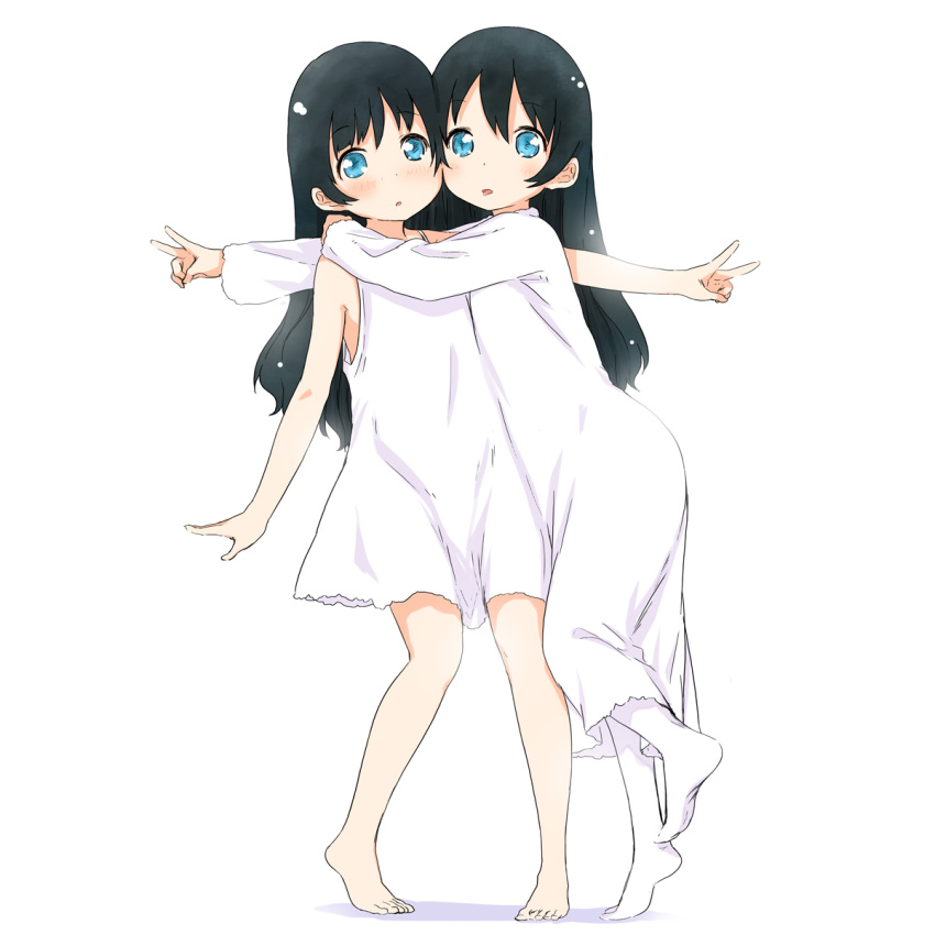 2girls abe_kanari barefoot black_hair blue_eyes blush commentary_request highres long_hair looking_at_viewer multiple_girls original pantyhose photoshop_(medium) saliva simple_background tongue v white_background white_legwear