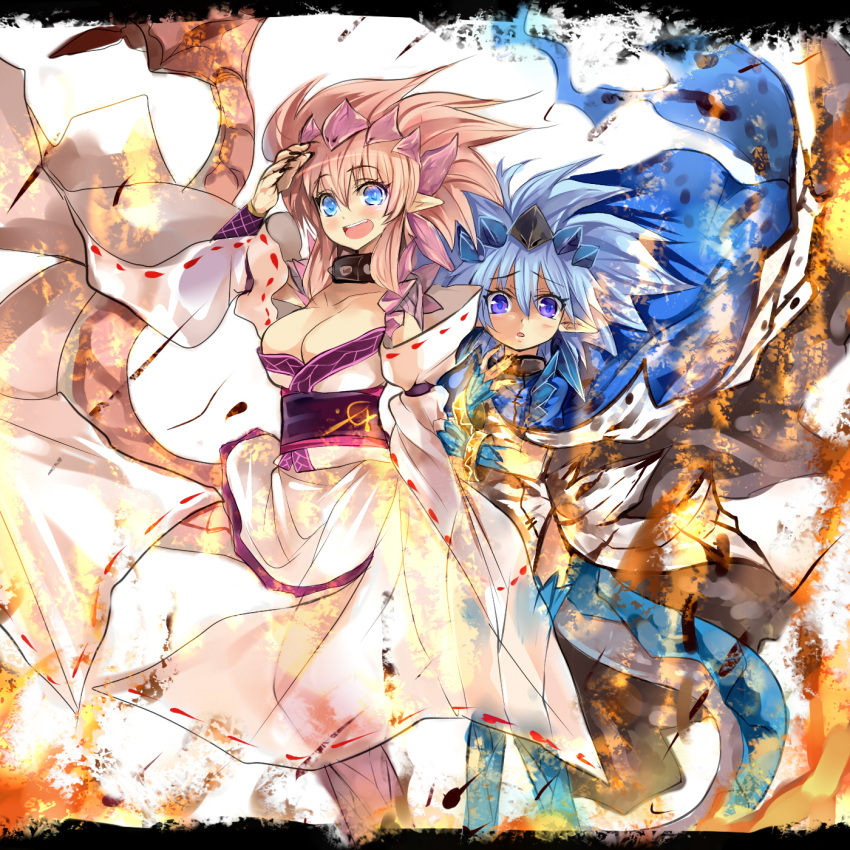 alternate_color azure_rathalos bad_id bad_pixiv_id bare_shoulders blue_eyes blue_hair breasts cleavage collar detached_sleeves female hiding highres japanese_clothes large_breasts long_hair monster_hunter_(series) open_mouth personification pink_hair pink_rathian purple_eyes rathalos rathian spiked_collar spikes tail umitsuki