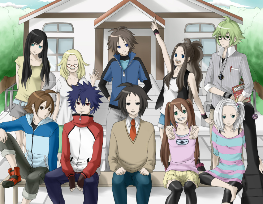 5boys 5girls ^_^ alternate_hairstyle alternate_legwear aqua_eyes bad_id bad_pixiv_id bianca_(pokemon) black-framed_eyewear black_hair black_thighhighs blonde_hair blue_eyes book brown_eyes brown_hair cheren_(pokemon) closed_eyes double_v dress_shirt elesa_(pokemon) fingerless_gloves glasses gloves green_eyes green_hair grey_eyes grin guitar_case hair_bobbles hair_ornament highres hilbert_(pokemon) hilda_(pokemon) house hugh_(pokemon) instrument_case jacket koffing long_hair marichi multiple_boys multiple_girls n_(pokemon) nate_(pokemon) necktie no_headwear open_mouth pen pokemon pokemon_(creature) pokemon_bw pokemon_bw2 ponytail red-framed_eyewear red_eyes rosa_(pokemon) roxie_(pokemon) shirt shoes short_hair side_ponytail sitting skirt smile sneakers spiked_hair striped_clothes striped_shirt sweater thighhighs twintails v vest white_hair