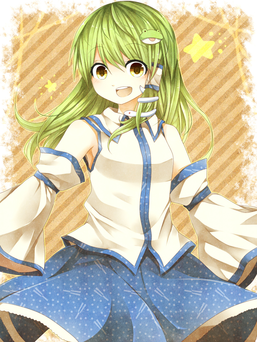 bad_id bad_pixiv_id detached_sleeves diagonal_stripes female frog_hair_ornament green_hair hair_ornament hair_tubes hanaon highres kochiya_sanae long_hair looking_at_viewer open_mouth skirt smile snake solo star_(symbol) striped touhou wide_sleeves yellow_eyes