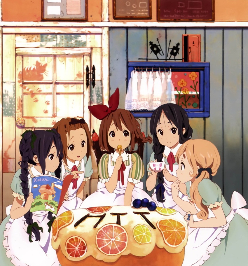 5girls akiyama_mio black_eyes black_hair blonde_hair blue_eyes blueberry bow braid brown_eyes brown_hair cup food fruit grapefruit hair_over_shoulder hair_ribbon highres hirasawa_yui horiguchi_yukiko k-on! kotobuki_tsumugi lemon long_hair multiple_girls nakano_azusa official_art open_mouth orange_(fruit) orange_slice pointing ribbon round_teeth scan single_braid spoon tainaka_ritsu teacup teeth twin_braids utensil_in_mouth yamada_naoko