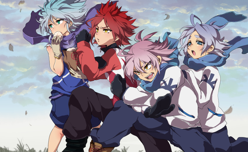 4boys bad_id bad_pixiv_id baozi blue_eyes blue_scarf eating food fubuki_atsuya fubuki_shirou gloves hakuren highres inazuma_eleven inazuma_eleven_(series) mataro_(matarou) multiple_boys nagumo_haruya open_mouth purple_scarf red_hair scarf short_hair suzuno_fuusuke yellow_eyes