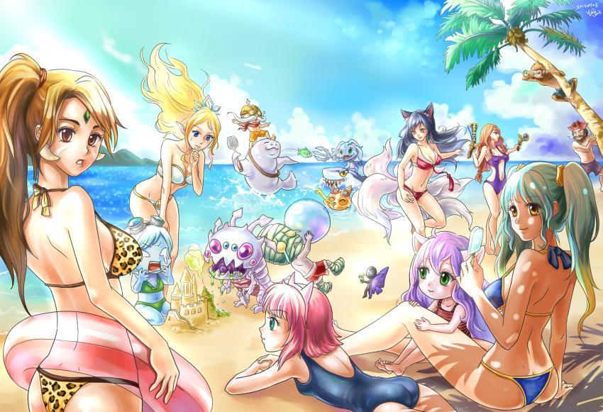 6+boys 6+girls ahri_(league_of_legends) amumu animal_ears animal_print annie_(league_of_legends) aqua_hair ass ball bandages bandeau barefoot beach beachball bikini black_hair blonde_hair blue_eyes blue_skin breasts brown_eyes butt_crack center_opening chomper cleavage colored_skin commentary_request corki day earrings facial_hair facial_mark fairy fish fizz_(league_of_legends) food forehead_jewel fox_ears fox_tail gangplank_(league_of_legends) goggles goggles_on_head green_eyes gun handgun hat highres innertube janna_(league_of_legends) jewelry kog'maw league_of_legends leopard_print long_hair looking_back lulu_(league_of_legends) male_swimwear medium_breasts miss_fortune_(league_of_legends) moustache multicolored_hair multiple_boys multiple_girls multiple_tails navel nidalee ocean one-piece_swimsuit outdoors pale_skin parted_lips photoshop_(medium) pix_(league_of_legends) pointy_ears polearm popsicle purple_eyes purple_hair purple_skin red_hair sand sand_castle sand_sculpture shark short_hair smile sona_(league_of_legends) spatula spyglass strap_gap striped_clothes striped_one-piece_swimsuit swim_ring swim_trunks swimsuit tail tears teemo tiara tree trident tristana urf weapon whisker_markings wukong_(league_of_legends) yellow_eyes yordle yummiclaire