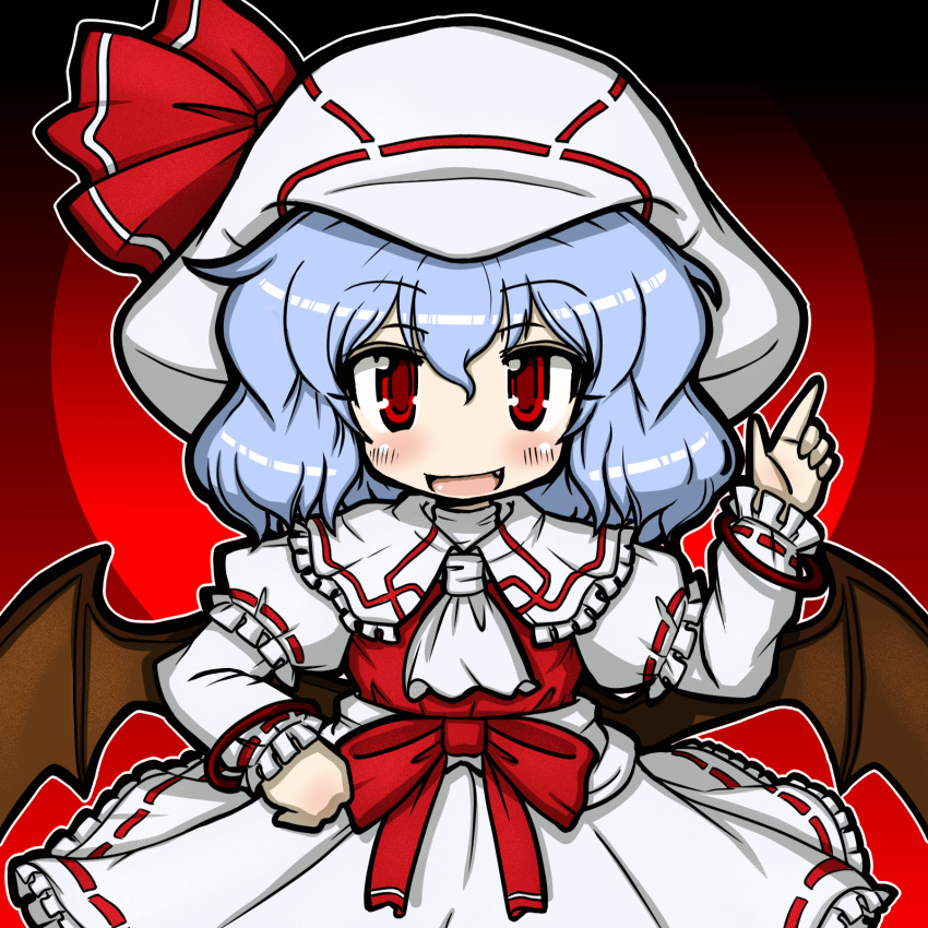 ascot bat_wings blue_hair blush commentary_request curiosities_of_lotus_asia eruru_(erl) female hat hat_ribbon highres long_sleeves oerba_yun_fang open_mouth puffy_sleeves remilia_scarlet ribbon short_hair solo touhou wings wrist_cuffs