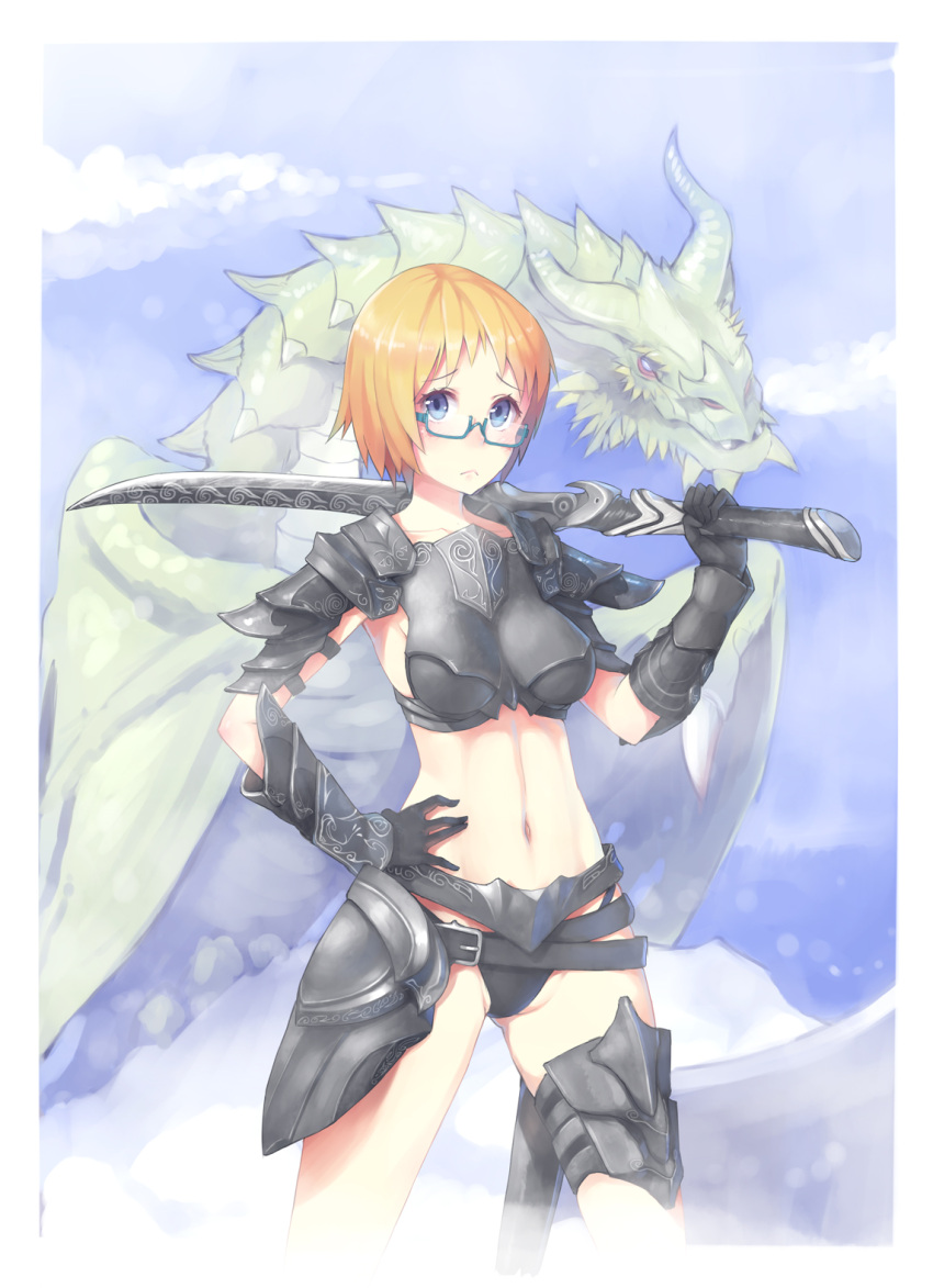 armor bad_id bad_pixiv_id black_panties blonde_hair blue_eyes breastplate breasts dovahkiin dragon efmoe female gauntlets glasses hand_on_own_hip highres holding looking_at_viewer medium_breasts navel paarthurnax panties photoshop_(medium) short_hair solo sword the_elder_scrolls the_elder_scrolls_v:_skyrim underwear weapon