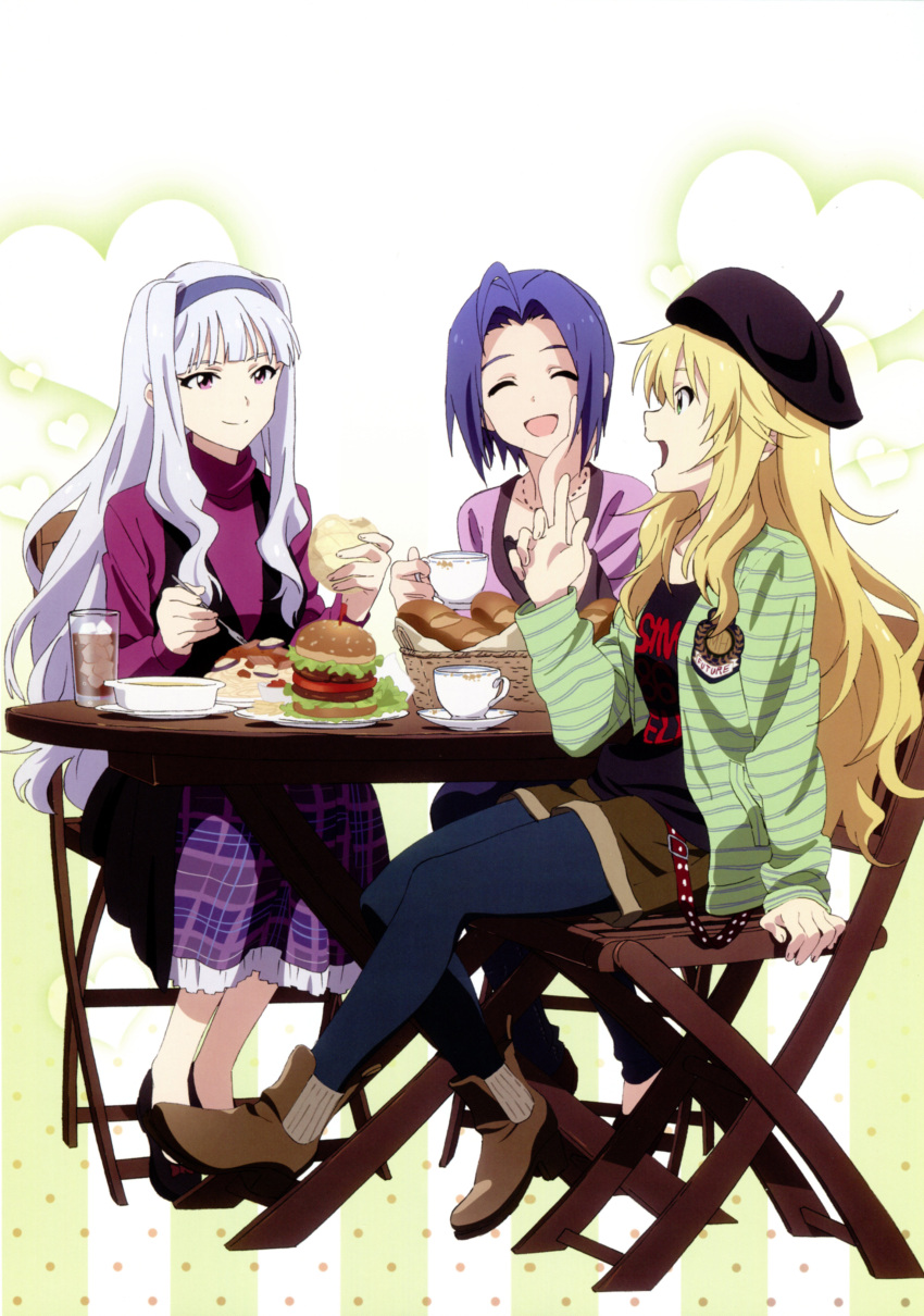 3girls :d ^_^ absurdres ahoge beret blonde_hair blue_hair blush boots bread burger casual chair closed_eyes cup fashion folding_chair food green_eyes grey_hair hairband hand_on_own_cheek hand_on_own_face hat heart highres hoshii_miki idolmaster idolmaster_(classic) index_finger_raised jacket long_hair melon_bread miura_azusa multiple_girls official_art open_mouth pants pantyhose pantyhose_under_shorts pasta photoshop_(medium) pink_eyes plaid plaid_skirt pointing purple_hair scan shijou_takane short_hair shorts sitting skirt smile spaghetti table tanaka_yuusuke teacup very_long_hair wavy_hair