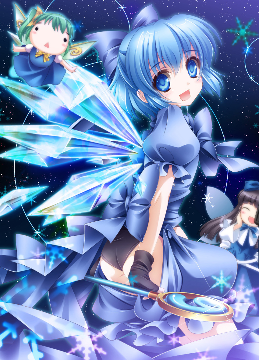 3girls :< :d ^_^ black_gloves black_hair black_panties blue_eyes blue_hair blush cardcaptor_sakura cirno closed_eyes commentary_request cosplay daiyousei gloves green_hair highres ice ice_wings kinomoto_sakura kinomoto_sakura_(cosplay) looking_at_viewer monety multiple_girls open_mouth panties photoshop_(medium) short_hair side_ponytail smile solid_circle_eyes star_sapphire touhou underwear wings