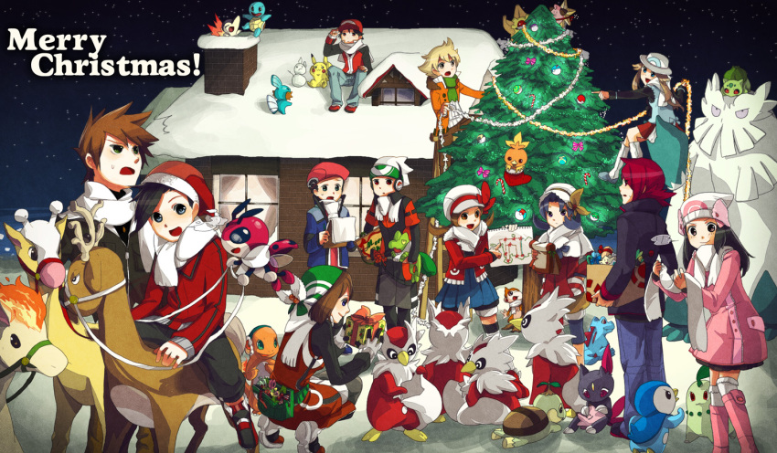 6+boys 6+girls :d abe_(f!mixture) abomasnow alternate_costume bad_id bad_pixiv_id bandana barry_(pokemon) baseball_cap beanie beret black_hair blonde_hair blue_hair blue_oak blush brendan_(pokemon) brown_hair bulbasaur carrying charmander chikorita chimchar christmas christmas_tree cleffa coat cyndaquil dawn_(pokemon) delibird ditto dress dual_persona english_text ethan_(pokemon) flame-tipped_tail gift girafarig hat holding house jacket kris_(pokemon) leaf_(pokemon) ledian long_hair lucas_(pokemon) lyra_(pokemon) may_(pokemon) merry_christmas mudkip multiple_boys multiple_girls night on_head open_mouth pantyhose pikachu piplup poke_ball poke_ball_(basic) pokemon pokemon_(creature) pokemon_dppt pokemon_emerald pokemon_frlg pokemon_gsc pokemon_hgss pokemon_on_head pokemon_platinum pokemon_rgby pokemon_rse ponyta red_(pokemon) red_hair red_headwear ribbon riding riding_pokemon santa_hat scarf short_hair silver_(pokemon) sitting sky smile sneasel snow squirtle stantler star_(symbol) staryu sweatdrop togepi torchic totodile tree treecko turtwig twintails white_headwear winter_clothes