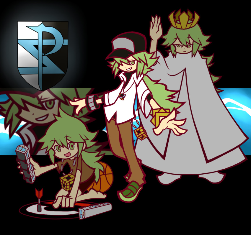 3boys aged_down ball baseball_cap basketball basketball_(object) commentary_request crown full_body green_eyes green_hair hat king lolicon male_focus matanonki multiple_boys n_(pokemon) official_alternate_costume parody pokemon pokemon_bw ponytail puyopuyo smile style_parody team_plasma toy