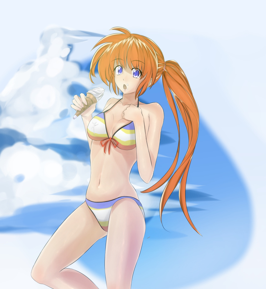 bikini brown_hair commentary_request female food food_on_face highres ice_cream ice_cream_on_face long_hair lyrical_nanoha mahou_shoujo_lyrical_nanoha_strikers navel open_mouth purple_eyes side_ponytail solo sonyntendo swimsuit takamachi_nanoha