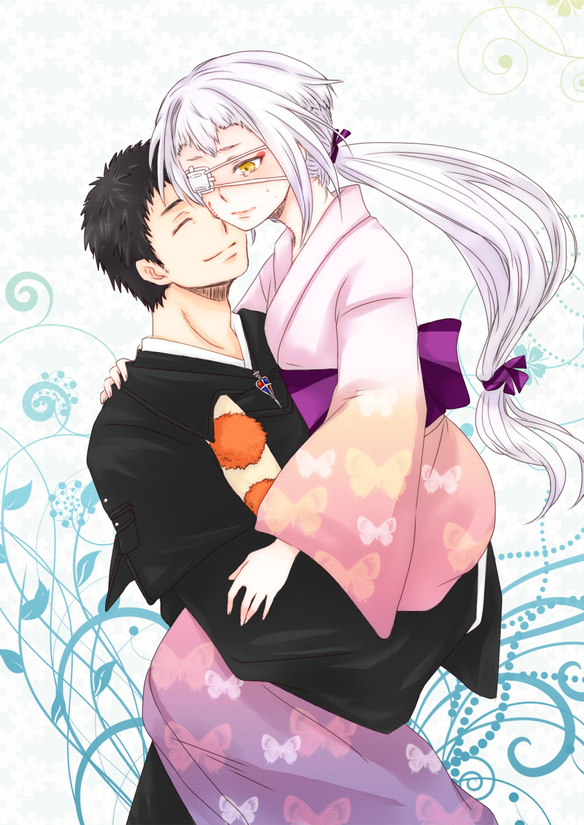 1boy akito_md ao_no_exorcist black_hair carrying closed_eyes commentary_request couple female highres houjou_mamushi japanese_clothes kimono long_hair obi ponytail sash shima_juuzou short_hair smile spoilers straight tears white_hair yellow_eyes