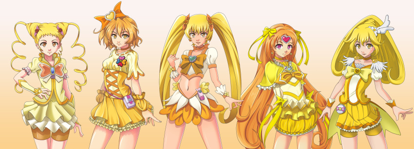 5girls arms_behind_back bike_shorts blonde_hair bow brooch bubble_skirt butterfly_brooch choker circlet color_connection commentary_request cone_hair_bun cure_lemonade cure_muse_(yellow) cure_peace cure_pine cure_sunshine double_bun drill_hair fresh_precure! gradient_background hair_bun hair_flaps hair_ornament hairbow hand_on_own_hip heart heart_brooch heart_hair_ornament heartcatch_precure! highres in-franchise_crossover jewelry kasugano_urara_(yes!_precure_5) large_bow long_hair magical_girl midriff multiple_girls myoudouin_itsuki navel ntk_51 orange_background orange_choker orange_hair orange_skirt photoshop_(medium) pink_eyes precure shirabe_ako short_hair shorts shorts_under_skirt skirt smile_precure suite_precure twin_drills twintails white_background wrist_cuffs yamabuki_inori yayoi_kise yellow_bow yellow_choker yellow_eyes yellow_shorts yellow_skirt yellow_theme yes!_precure_5