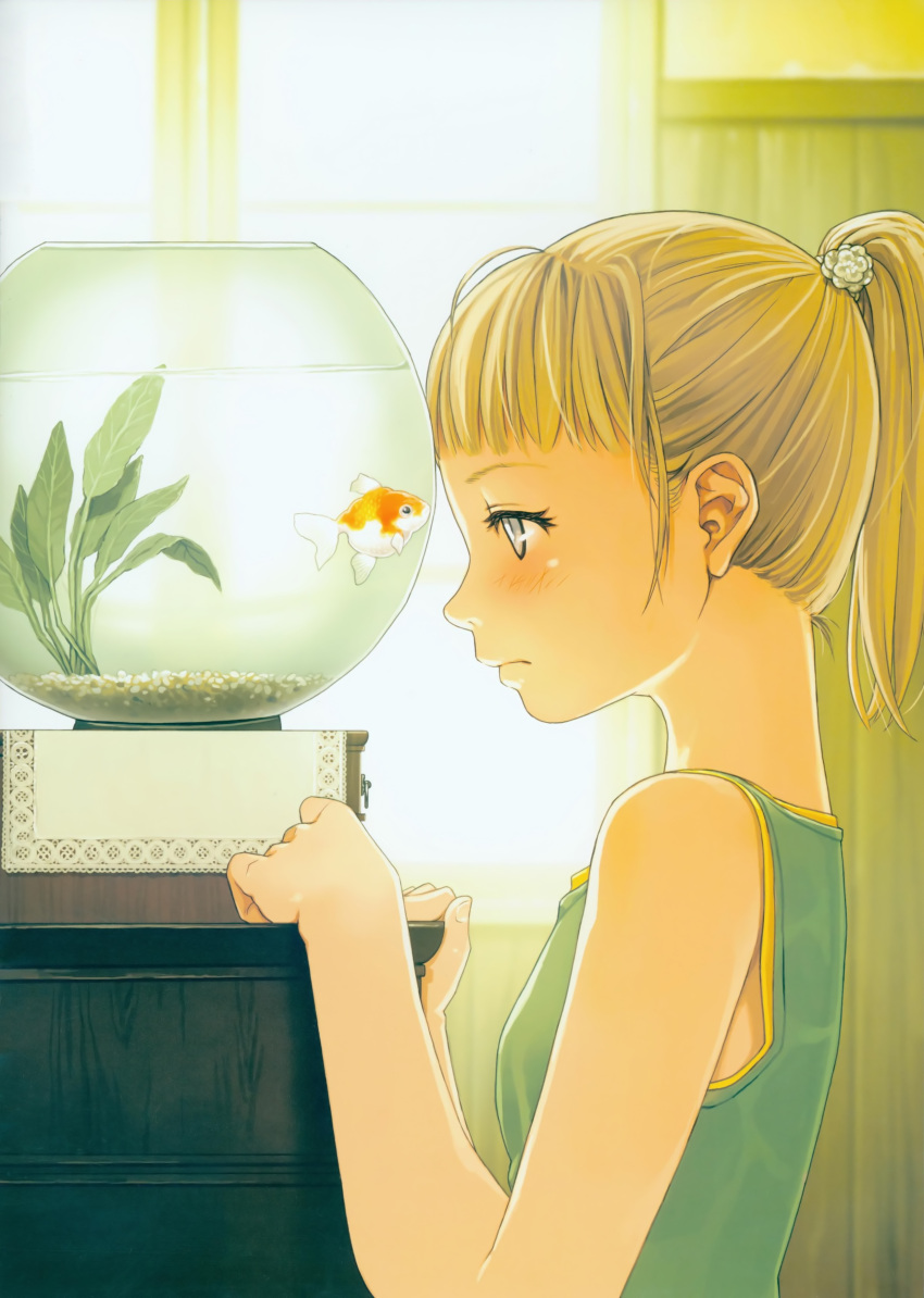 absurdres blonde_hair blush female fish fishbowl from_side goldfish grey_eyes highres long_hair original photoshop_(medium) ponytail scan solo yoshida_seiji