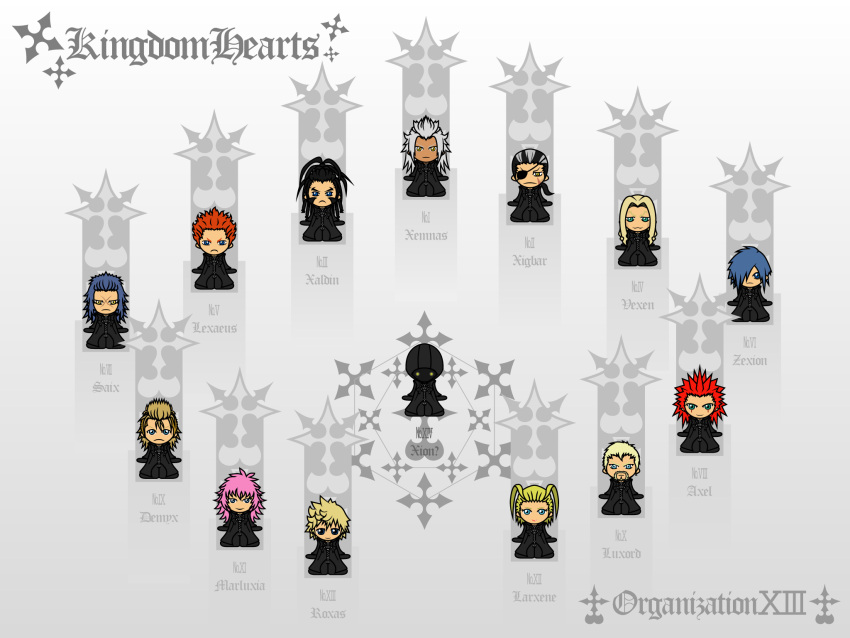 6+boys :3 axel_(kingdom_hearts) black_coat_(kingdom_hearts) black_hair blonde_hair blue_eyes blue_hair character_name chibi commentary_request demyx earrings everyone eyepatch facial_hair facial_mark green_eyes grey_hair hair_over_one_eye highres jewelry kingdom_hearts kingdom_hearts_358/2_days larxene lexaeus lips long_hair luxord marluxia multicolored_hair multiple_boys orange_hair organization_xiii pink_hair ponytail red_hair roxas saix scar scar_on_face short_hair sitting smile spiked_hair takusuke two-tone_hair vexen xaldin xemnas xigbar xion_(kingdom_hearts) yellow_eyes zexion