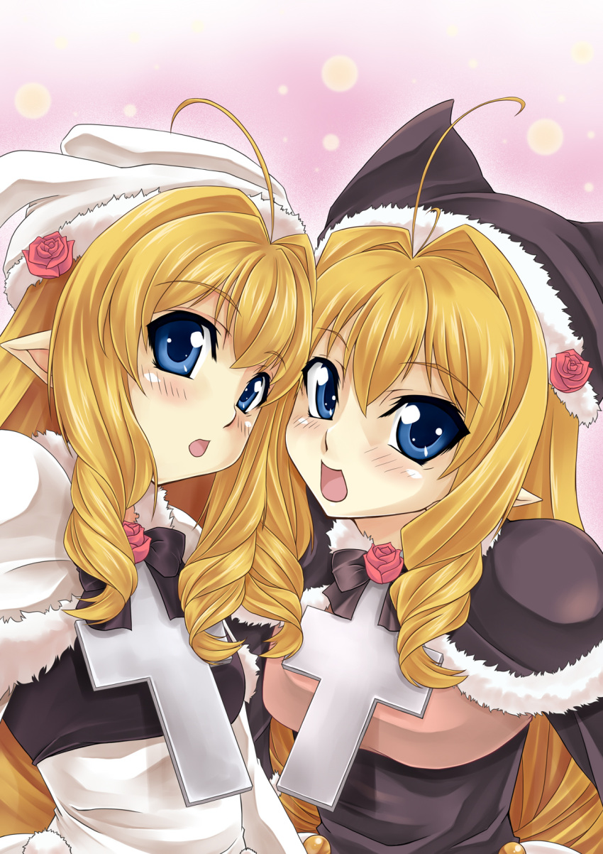 2girls ahoge blonde_hair blue_eyes choco_(spectral_souls) commentary_request cross drill_hair flower gekato hair_intakes hat highres long_hair multiple_girls photoshop_(medium) pink_background pink_flower pink_rose rose smile spectral_(series) spectral_souls vanilla_(spectral_souls)