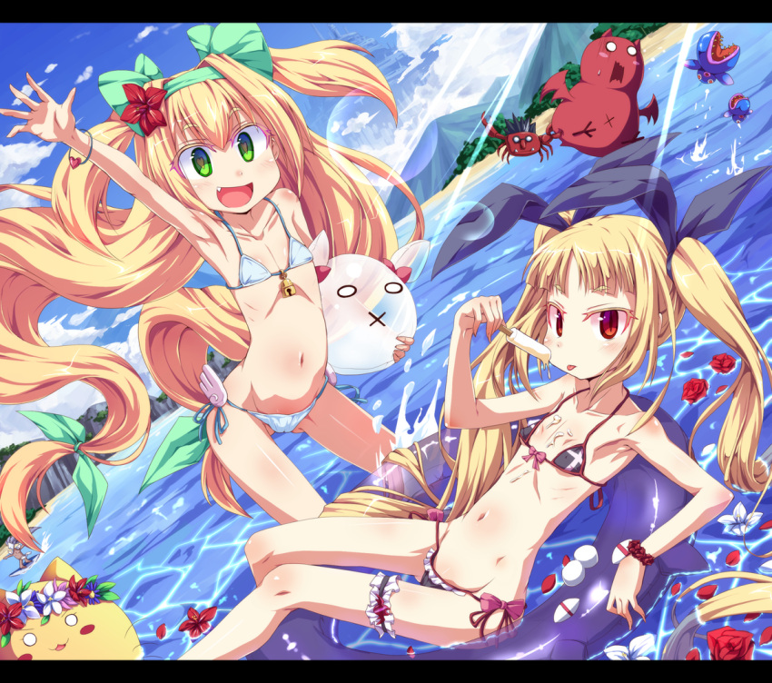 2girls animal armpits bare_shoulders beach bikini blazblue blonde_hair bow bridal_garter commentary_request crab dutch_angle flat_chest flower food gii glasses hair_flower hair_ornament hairband hairbow hakumen heart heart-shaped_pupils innertube iron_tager letterboxed lock long_hair looking_at_viewer messy multiple_girls nago navel ocean oerba_yun_fang open_mouth petals platinum_the_trinity popsicle quad_tails rachel_alucard red_eyes side-tie_bikini_bottom slit_pupils smile swim_ring swimsuit symbol-shaped_pupils toraishi_666 twintails two_side_up very_long_hair water waving