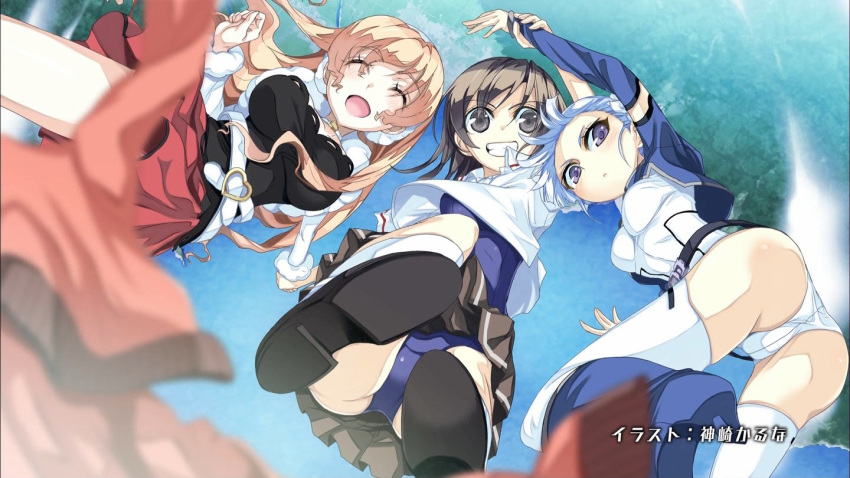 3girls artist_name ass blue_eyes blue_hair brown_hair closed_eyes cropped_jacket detached_sleeves end_card fin_e_ld_si_laffinty flower from_below hair_flower hair_ornament kanzaki_karuna kyouno_madoka long_hair looking_down muginami multiple_girls non-web_source one-piece_swimsuit orange_hair perspective pleated_skirt rinne_no_lagrange school_swimsuit short_hair skirt swimsuit swimsuit_under_clothes thighhighs upskirt