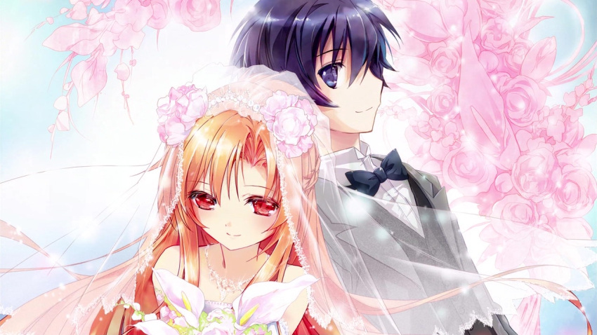 1boy aigamo_hiroyuki asuna_(sao) blue_eyes bouquet bow bowtie bridal_veil bride calla_lily dress end_card female flower groom jewelry kirito necklace official_art red_eyes smile sword_art_online veil wedding wedding_dress