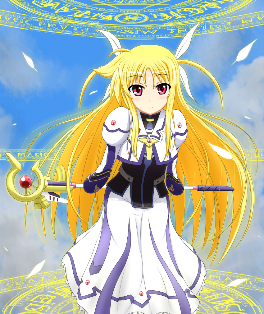 absurdres blonde_hair blush cloud commentary_request cosplay day dress fate_testarossa feathers female hair_ribbon highres long_hair long_sleeves lyrical_nanoha magic_circle magical_girl mahou_shoujo_lyrical_nanoha mahou_shoujo_lyrical_nanoha_a's mahou_shoujo_lyrical_nanoha_the_movie_2nd_a's puffy_sleeves raising_heart raising_heart_(accel_mode)_(2nd) red_eyes ribbon sky smile solo takamachi_nanoha takamachi_nanoha_(cosplay) takamachi_nanoha_(exelion_mode) tom-ani two_side_up very_long_hair