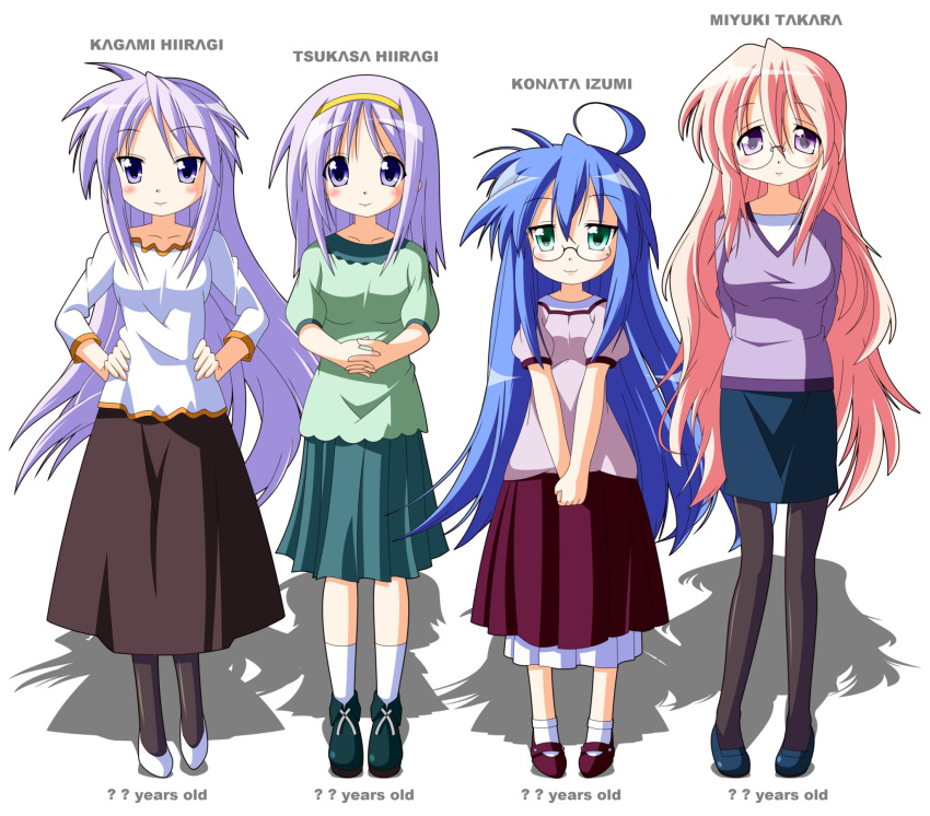 4girls aged_up bespectacled blue_eyes blue_hair character_name collarbone commentary_request full_body glasses green_eyes highres hiiragi_kagami hiiragi_tsukasa izumi_konata long_hair lucky_star mole mole_under_eye multiple_girls pantyhose pink_hair purple_eyes purple_hair rindou_(awoshakushi) siblings simple_background sisters skirt smile takara_miyuki twins white_background