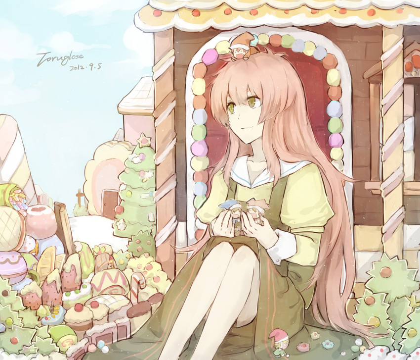 :d cake chinese_commentary collarbone commentary_request cupcake dress fairy_(jintai) female food fruit gingerbread_house green_eyes hat jinrui_wa_suitai_shimashita long_hair open_mouth photoshop_(medium) pink_hair sitting smile strawberry sweets toruglose watashi_(jintai)