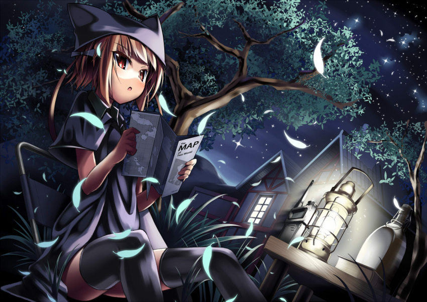 bad_id bad_pixiv_id brown_hair dobunezumi female hat night original red_eyes solo thighhighs